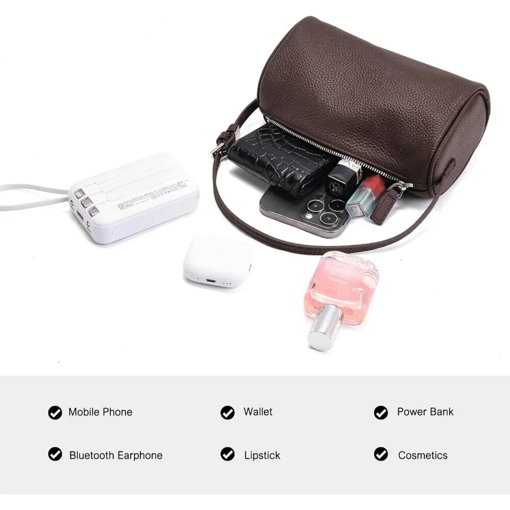 Genuine Leather Crossbody Bag for Women Small Barrel Purse Shoulder Handbag